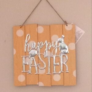 All🐥3/$25🐰"Happy Easter" Yellow Wooden & Metal Decal Easter Wall Art/De